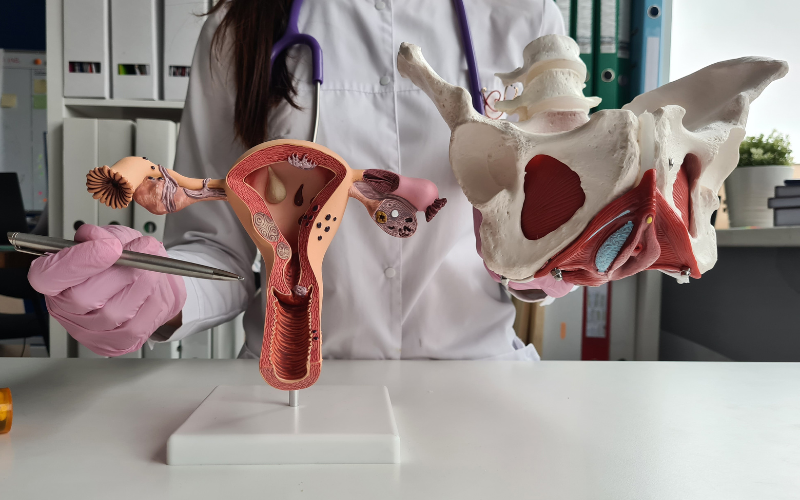 3D plastic models of a woman pelvic floor muscle and reproductive organs